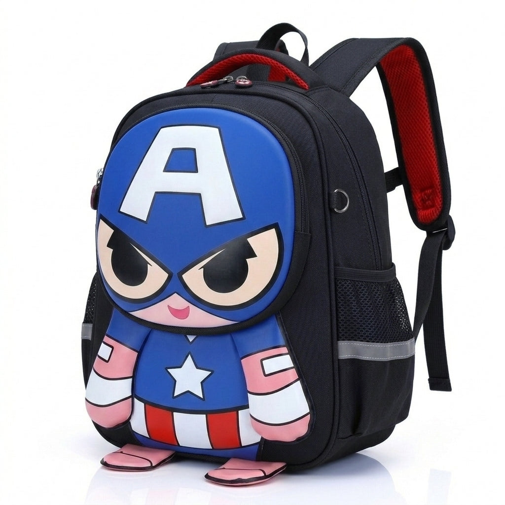 Sac à dos enfant 3D Captain America noir avec bretelles rouges